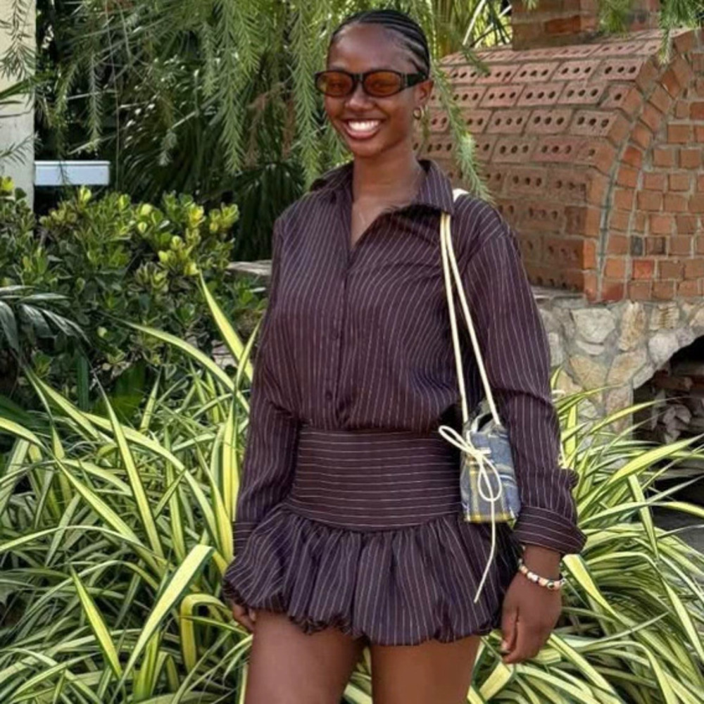 ZARA Womens African Striped Long Sleeve Collared Blouse And Peplum Skirt Set